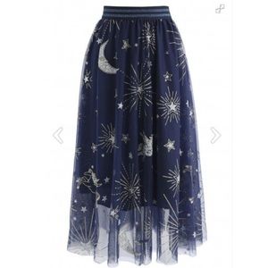 Stars Mesh Tulle Midi Skirt in Navy
